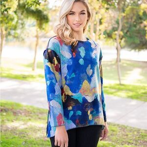 NWOT Trisha Tyler - Hi/Low All Print Multi Color Tunic sweater Top Sz L